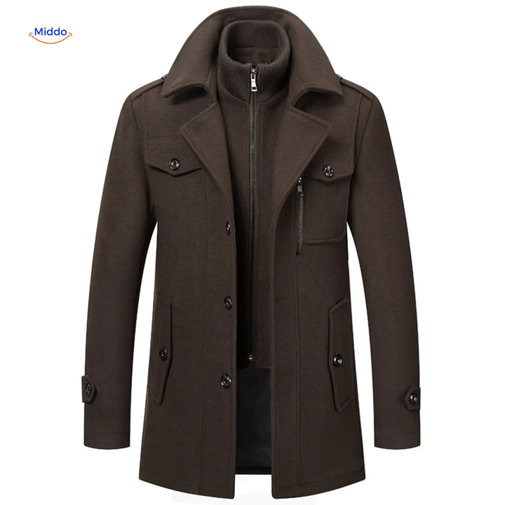 Dark brown single breasted overcoat with layered collar, front view