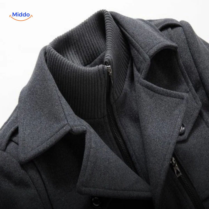 Close-up of the gray overcoat&
