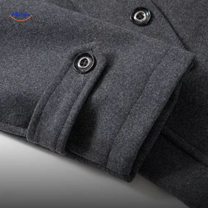 Detail of the overcoat sleeve strap and metal snap button