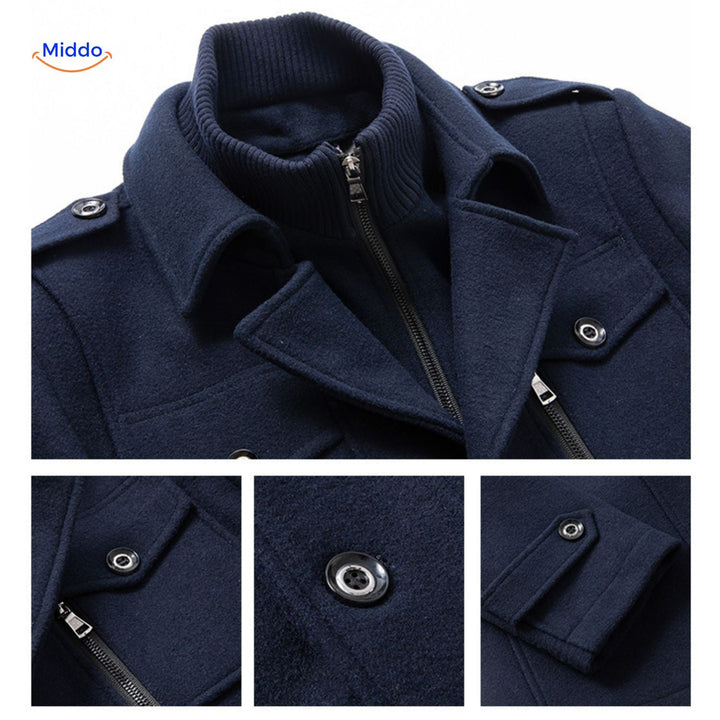 Navy overcoat collar detail with smaller close-ups of pocket, button and sleeve strap