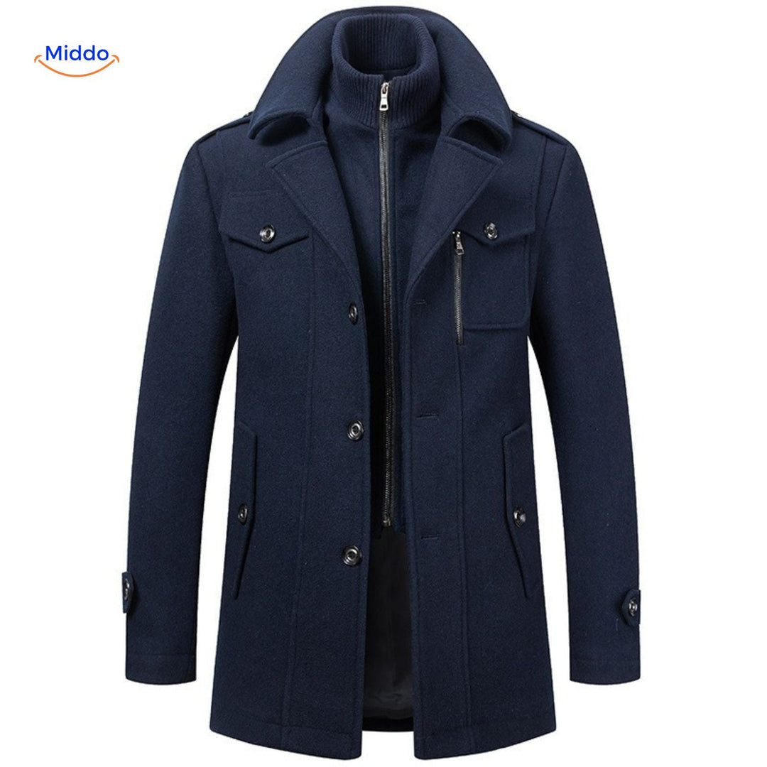 Navy mid length overcoat with zip-up inner collar and chest pocket, front view