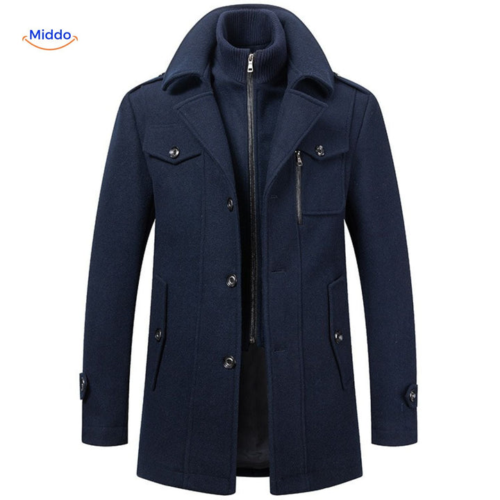 Navy mid length overcoat with zip-up inner collar and chest pocket, front view