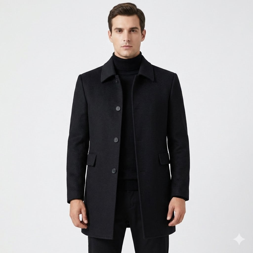 Men's black single breasted overcoat, full-length view on a model