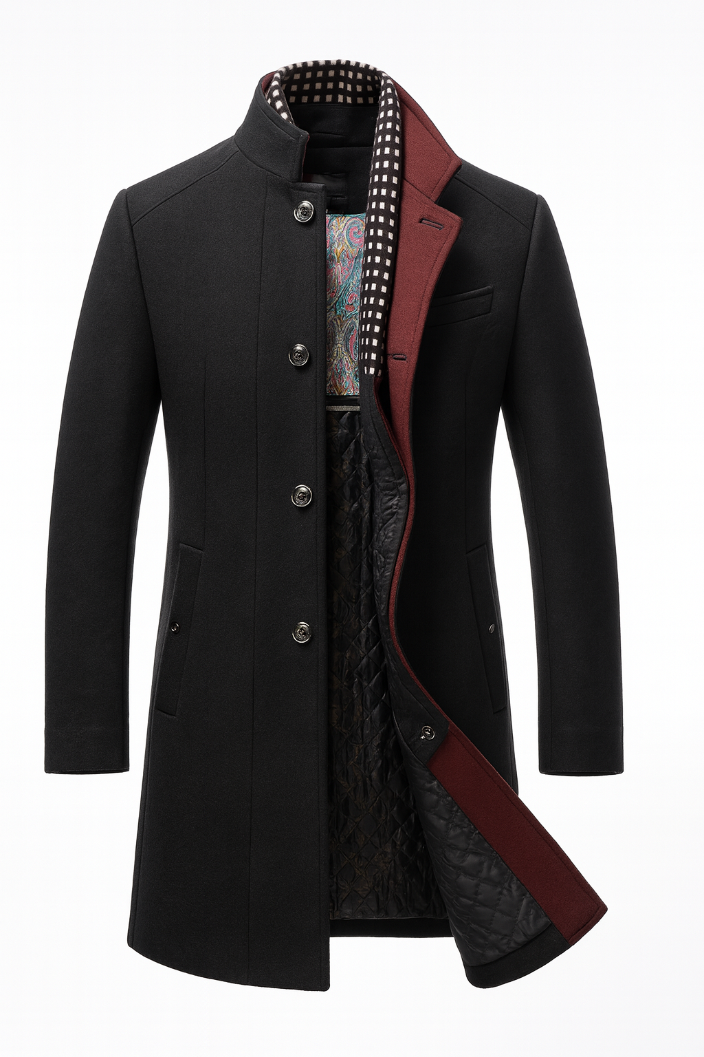 Black stand collar overcoat with contrast placket