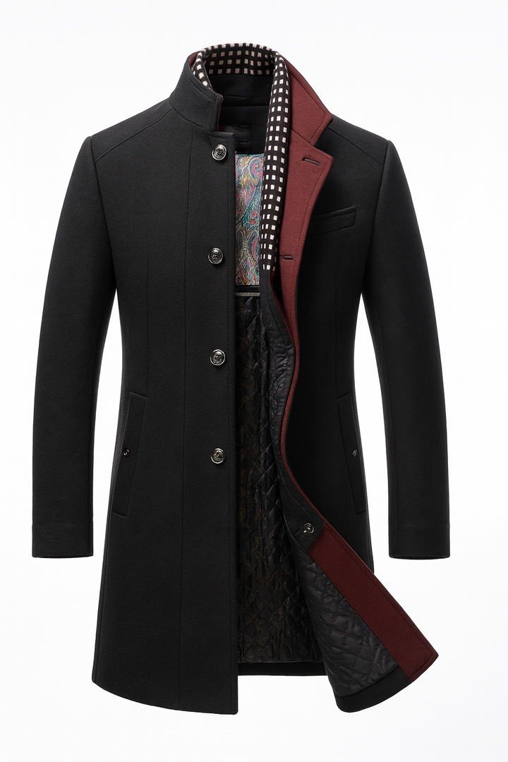 Black stand collar overcoat with contrast placket