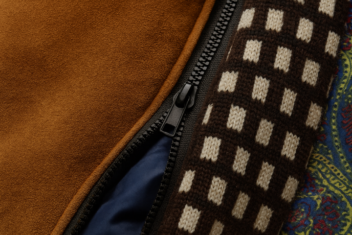 Close up of the zip placket and checked knit scarf insert