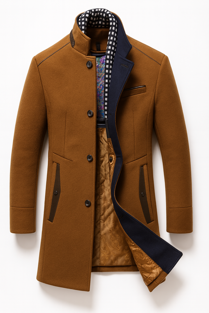 Camel overcoat with checked knit scarf insert and quilted lining