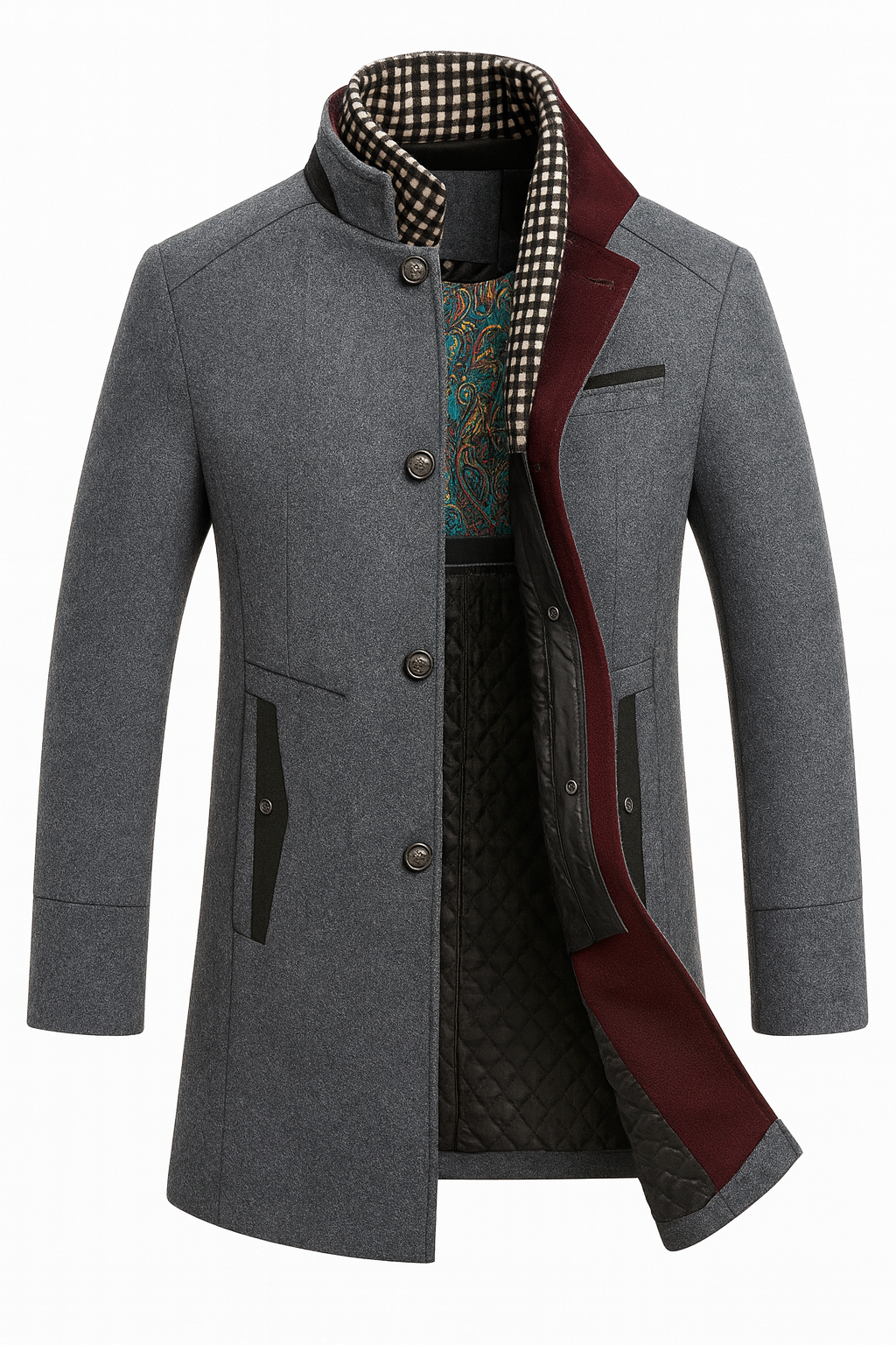 Gray mid length overcoat with checked scarf collar insert