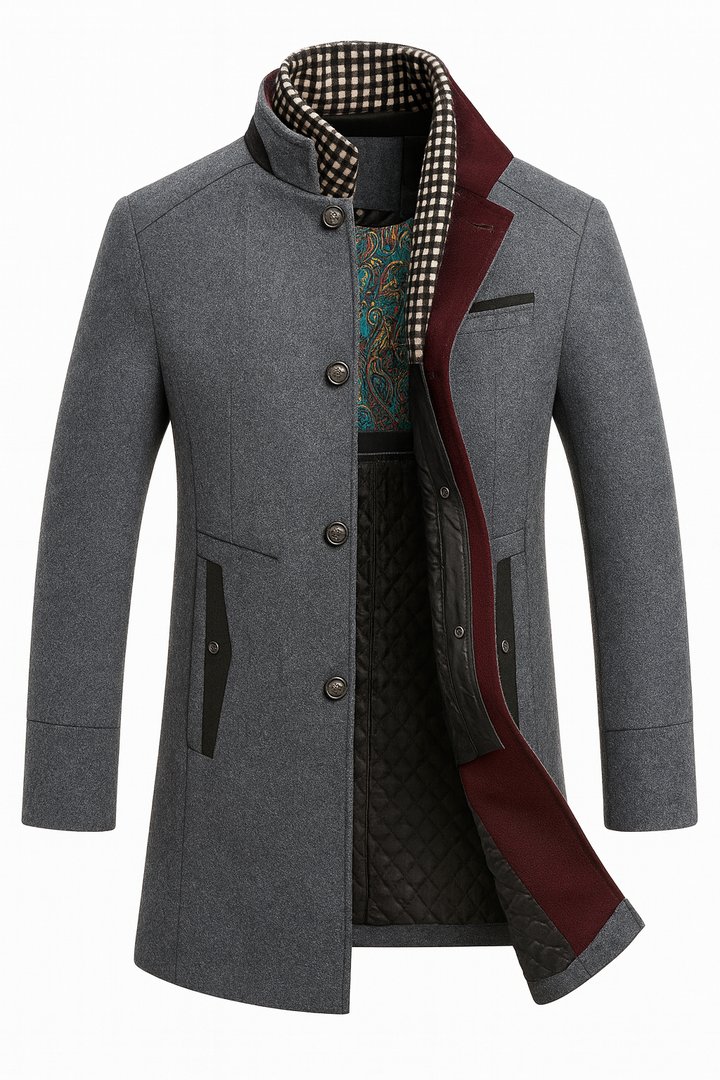 Gray mid length overcoat with checked scarf collar insert