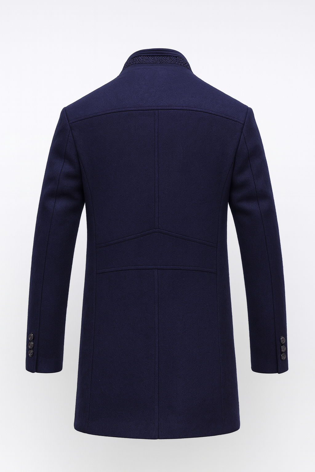 Back view of the navy overcoat with structured mid length cut