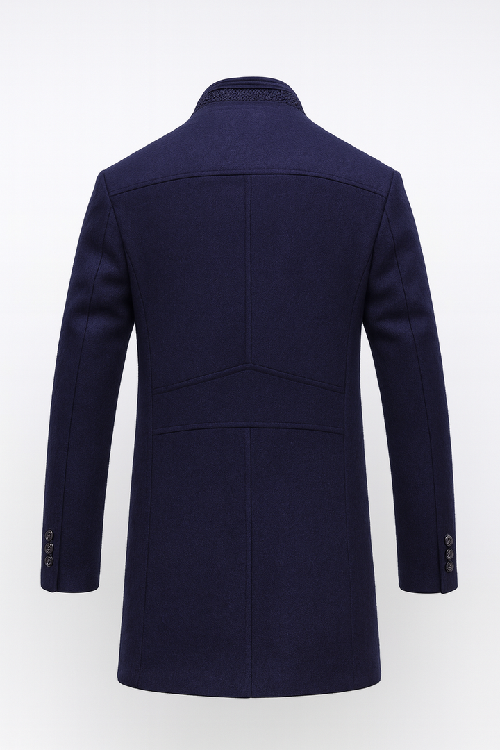 Back view of the navy overcoat with structured mid length cut