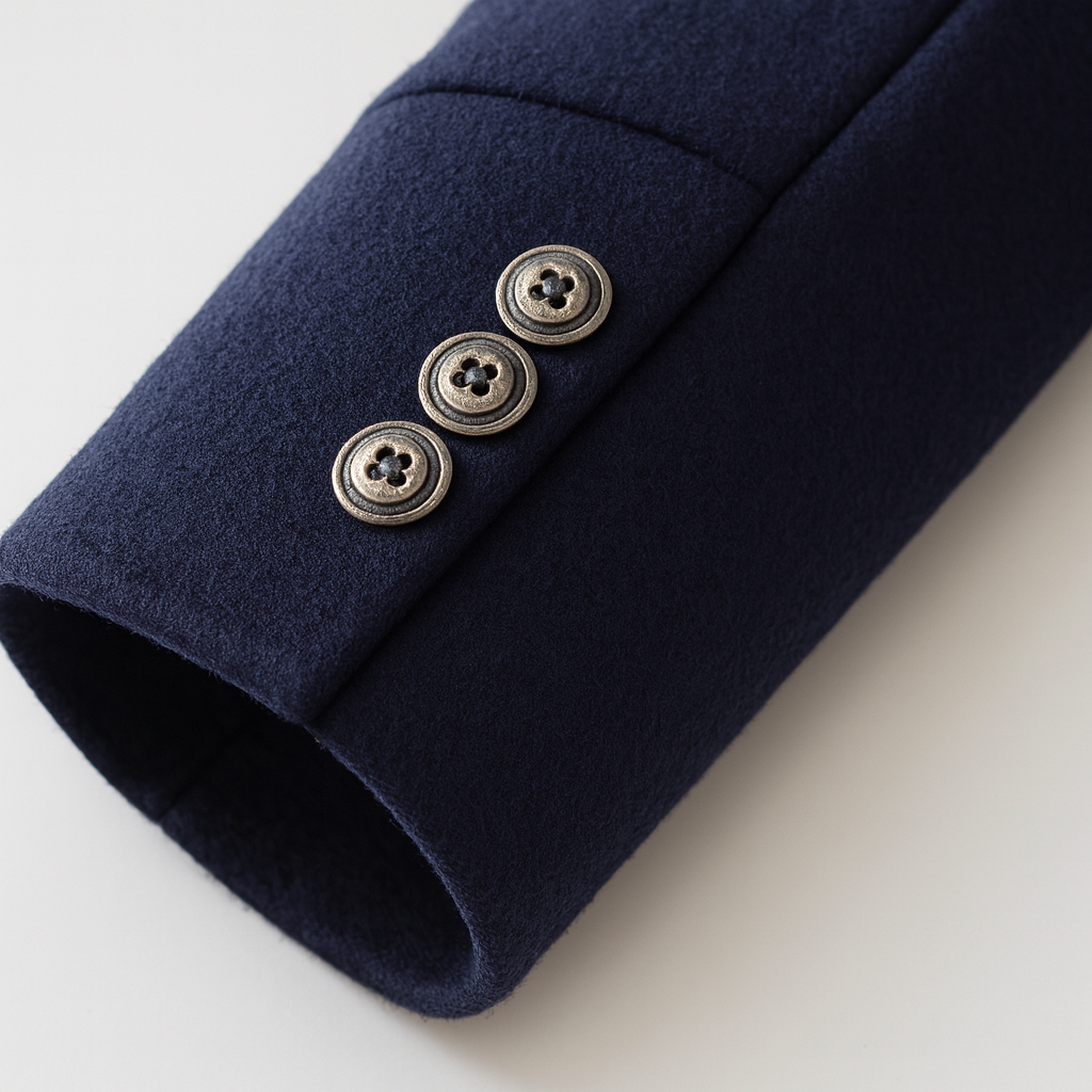 Close up of the navy sleeve with three metal cuff buttons