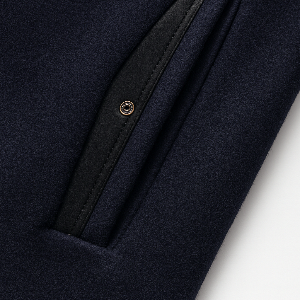 Slanted welt pocket with trim on the navy overcoat