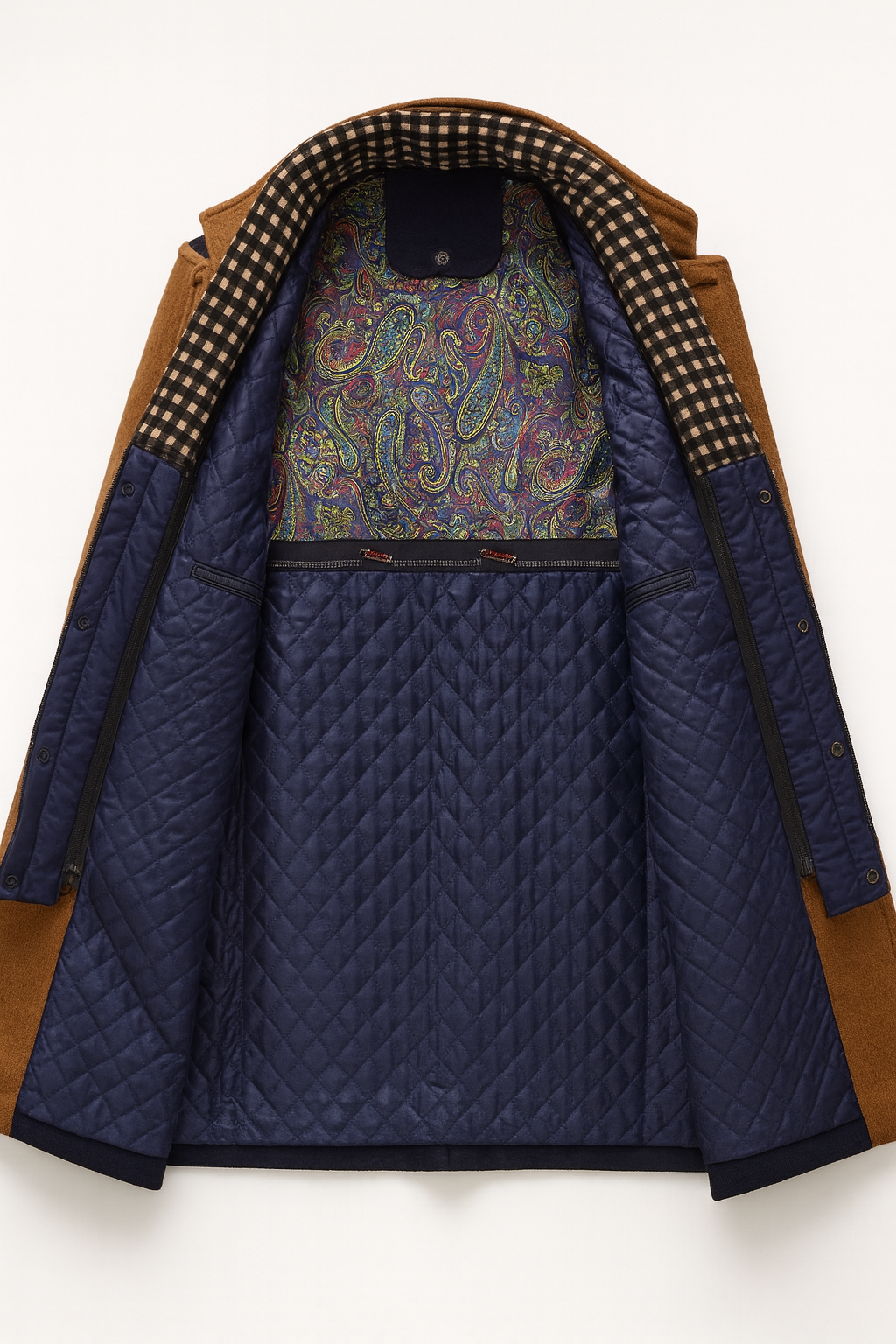 Inside view showing the quilted lining and patterned yoke