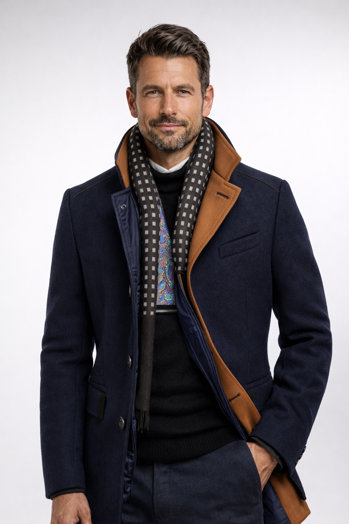 Man wearing the navy overcoat with scarf insert over a dark knit