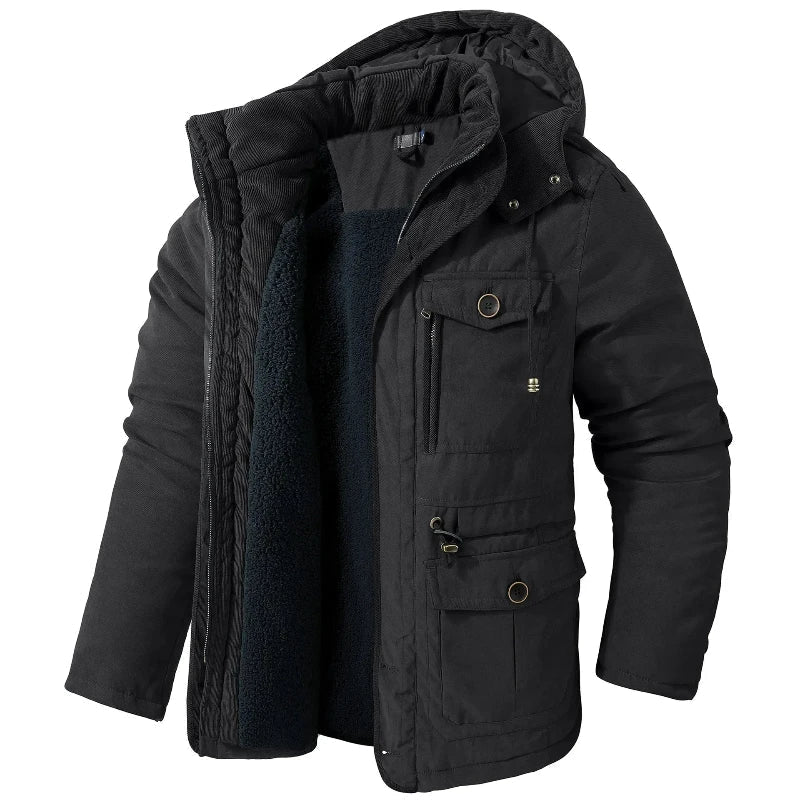 Black winter parka with hood and sherpa lined interior, front view