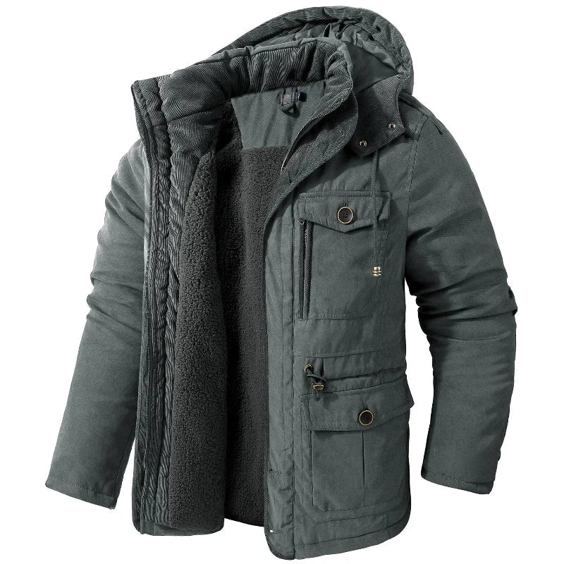 Gray hooded jacket with sherpa lining and zip pocket, front view