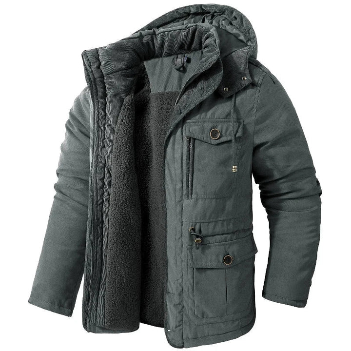 Gray hooded jacket with sherpa lining and zip pocket, front view