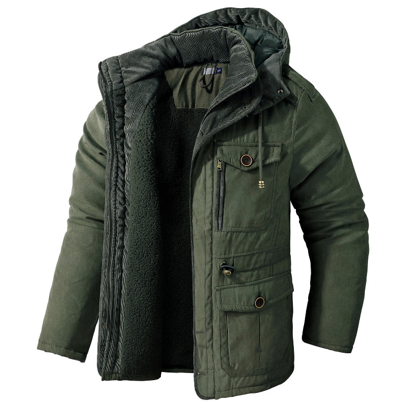 Green parka with fleece lined collar and multiple pockets, open front view