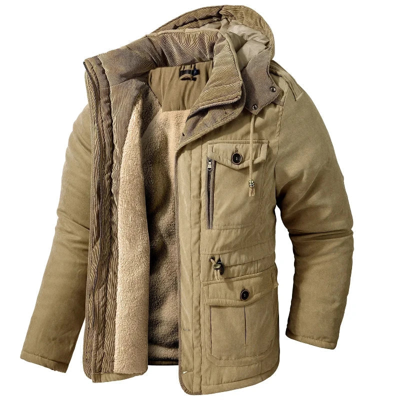 Men's parka in khaki with hood, chest pockets and sherpa lining, open front