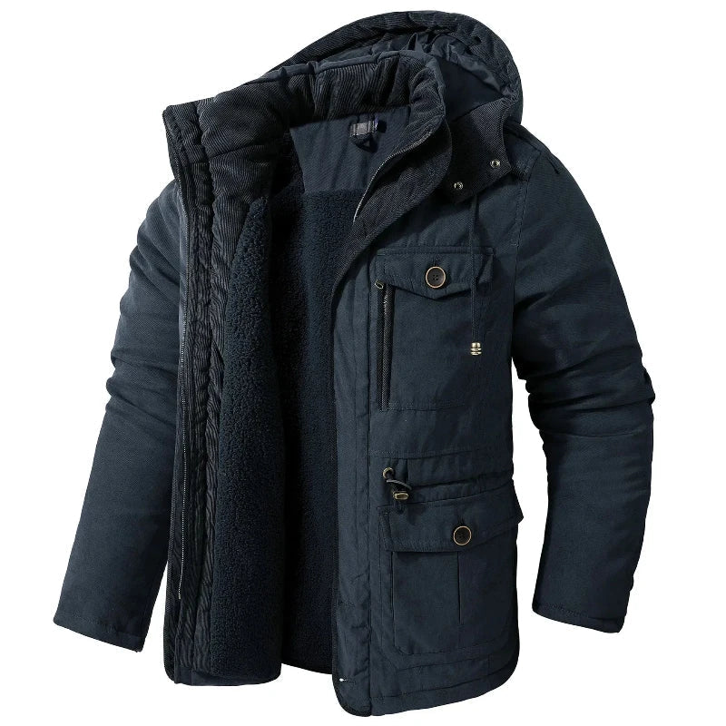 Navy hooded winter jacket with sherpa lining and flap pockets, front view