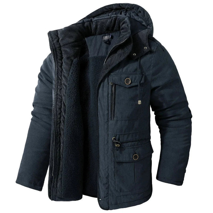Navy hooded winter jacket with sherpa lining and flap pockets, front view