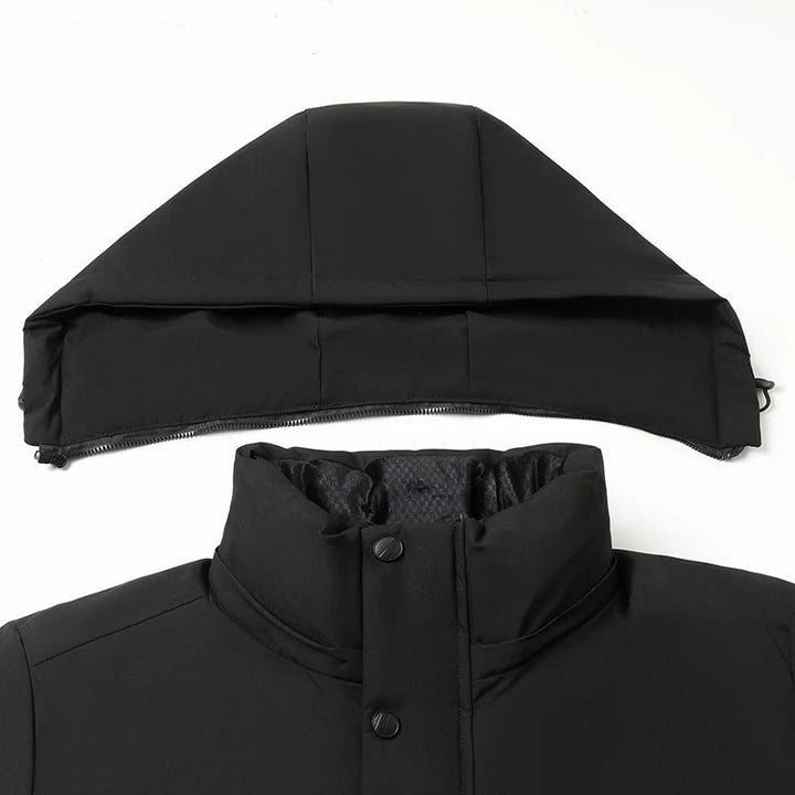 Black parka hood shown separately above the stand collar