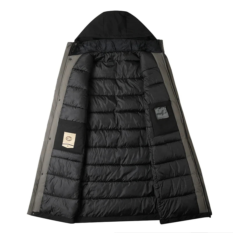 Black parka laid flat and open showing the quilted inner lining