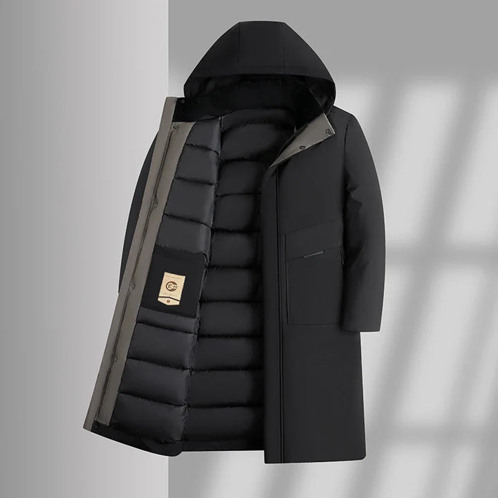 Black long parka opened to show the quilted inner lining and label
