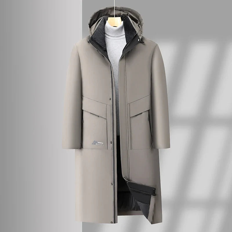 Stone long hooded parka with flap pockets and zip front, front view