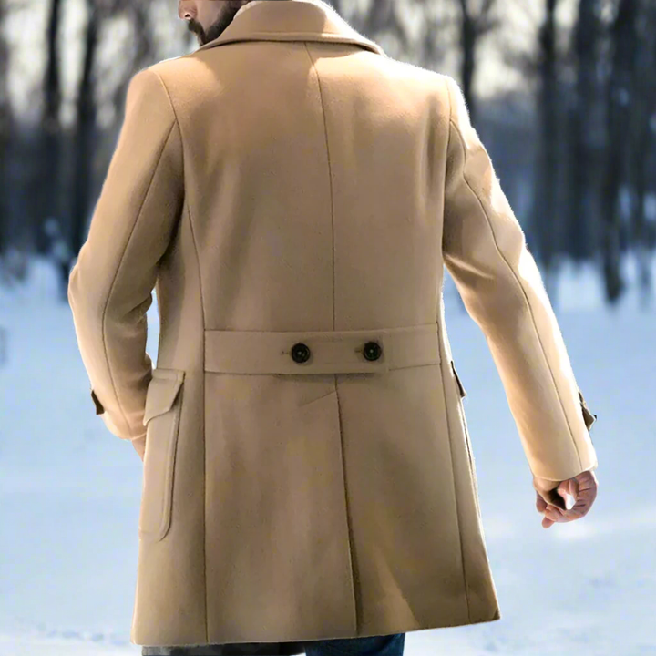 Back view of the camel peacoat showing the belted back with two buttons