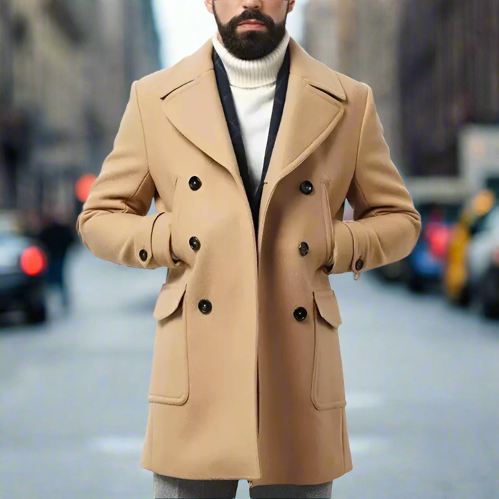 Man wearing the camel double breasted peacoat with flap pockets on a city street