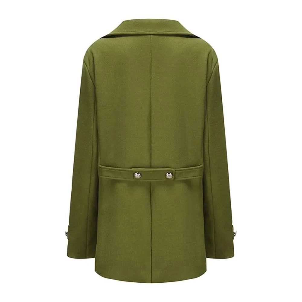 Back view of the olive peacoat with a belted back, flat