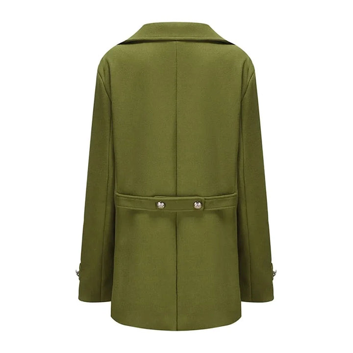 Back view of the olive peacoat with a belted back, flat