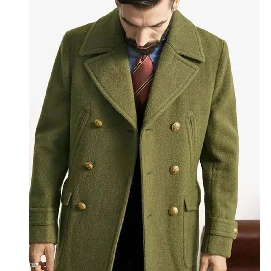 Man wearing the olive double breasted peacoat with gold buttons, front view
