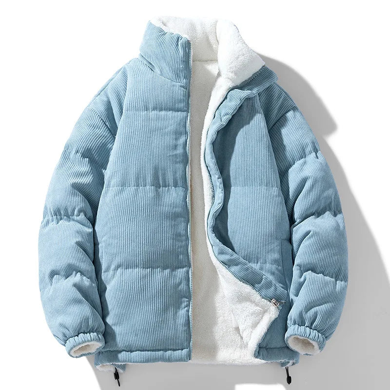 Men's puffer jacket in light blue corduroy with stand collar and fleece lining