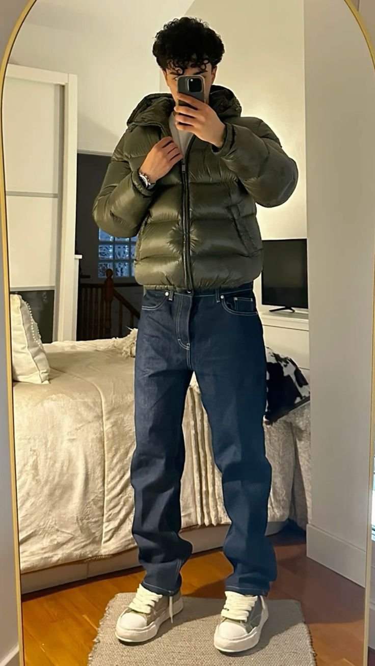 Olive green puffer jacket zipped up with blue denim and white sneakers