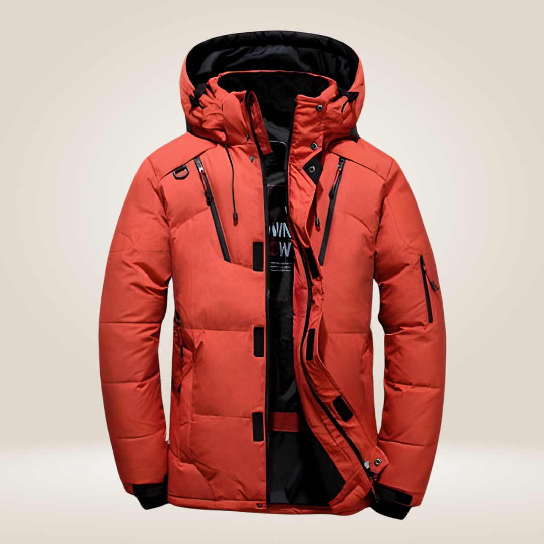 Men's puffer jacket, hooded winter jacket with zip pockets in orange