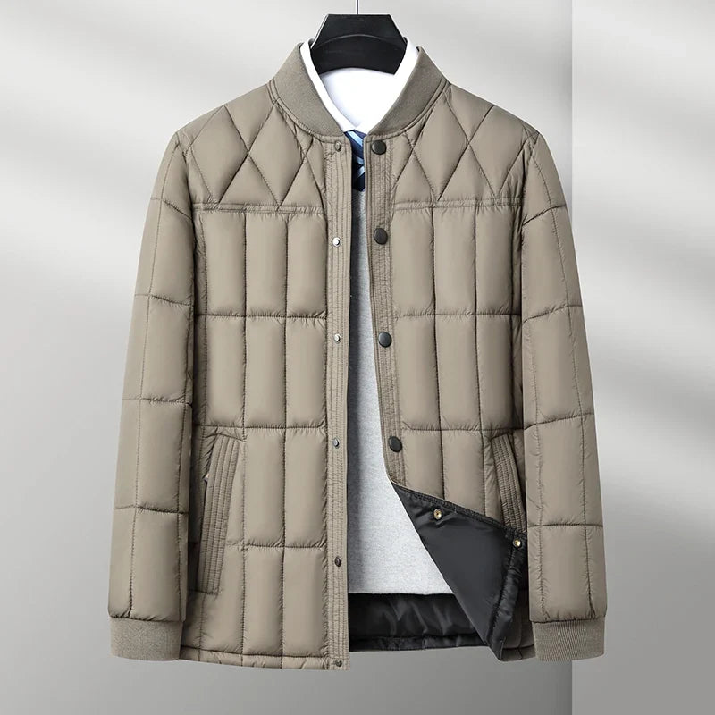Khaki padded quilted puffer jacket with snap front and ribbed collar, flat front view