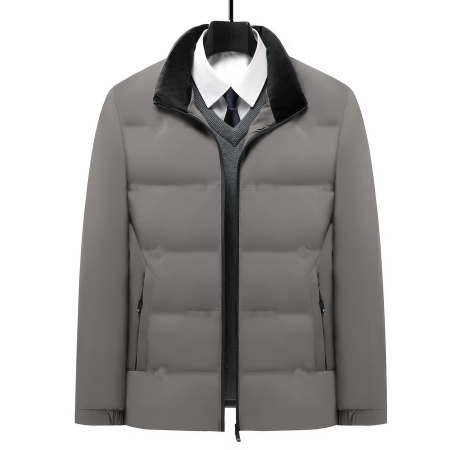 Men's gray quilted puffer jacket, front view