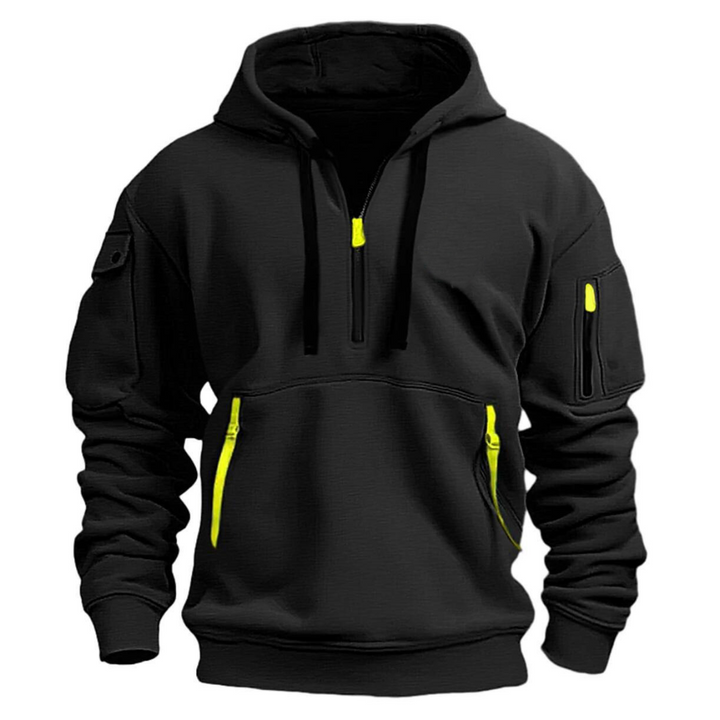 Black hoodie with neon yellow zipper pulls on neck and pockets