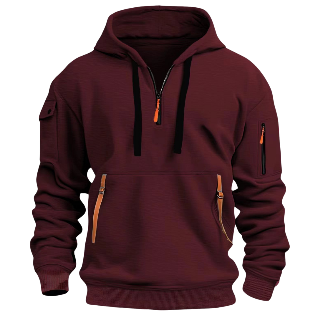 Burgundy pullover hoodie with black drawcords and contrast zippers