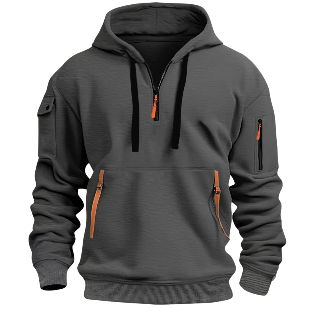 Dark gray quarter zip hoodie with flap pocket on the sleeve