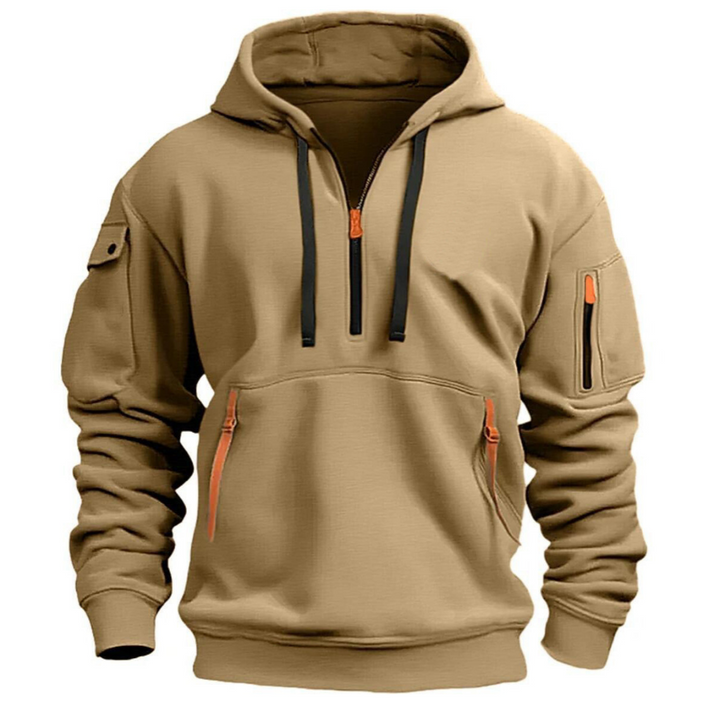 Khaki quarter zip pullover with drawcord hood and zippered front pockets