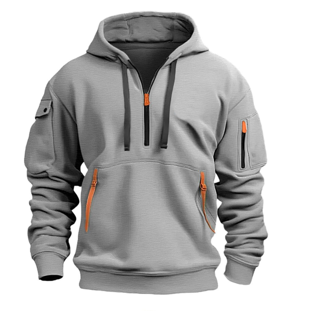 Light gray hoodie with short neck zip and zippered sleeve pocket