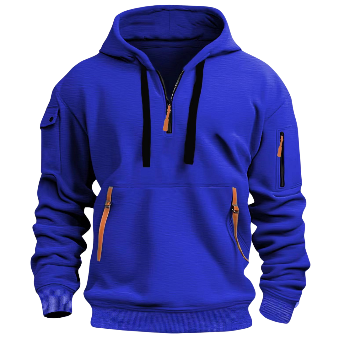 Royal blue hoodie with kangaroo pocket and ribbed hem