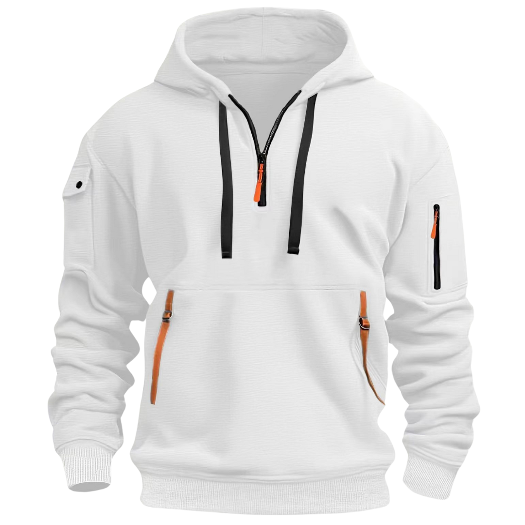 White quarter zip hoodie with black drawcords and orange pulls