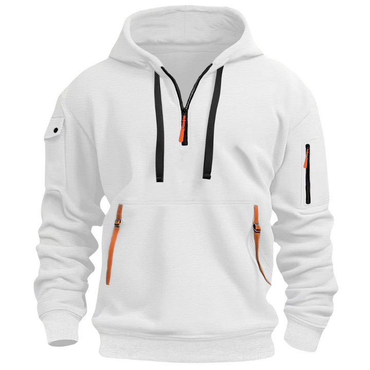 White quarter zip hoodie with black drawcords and orange pulls
