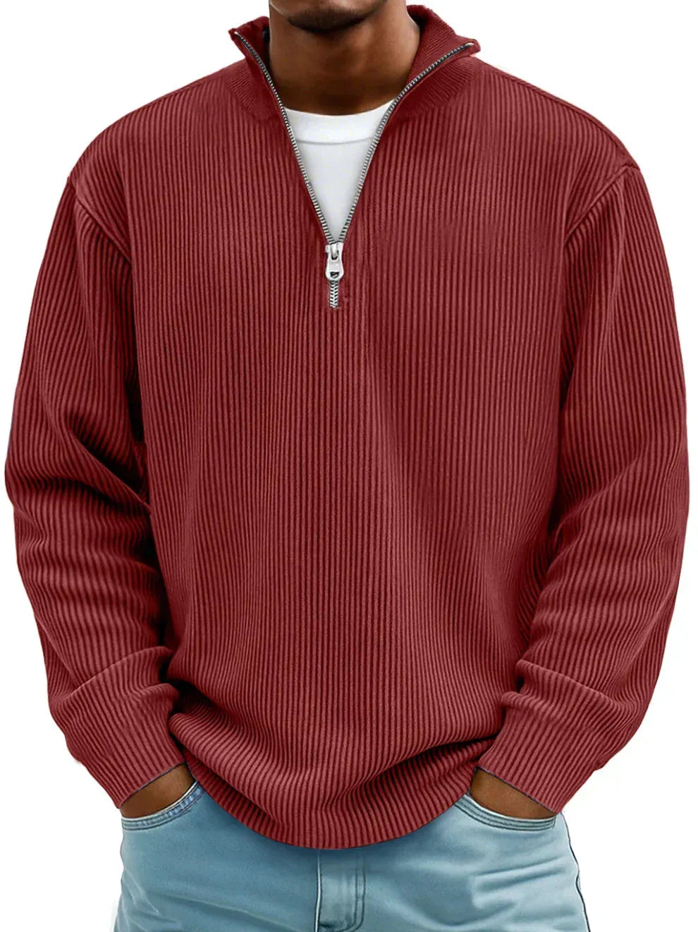 Brick Red ribbed knit quarter zip sweater with stand collar, worn with light jeans