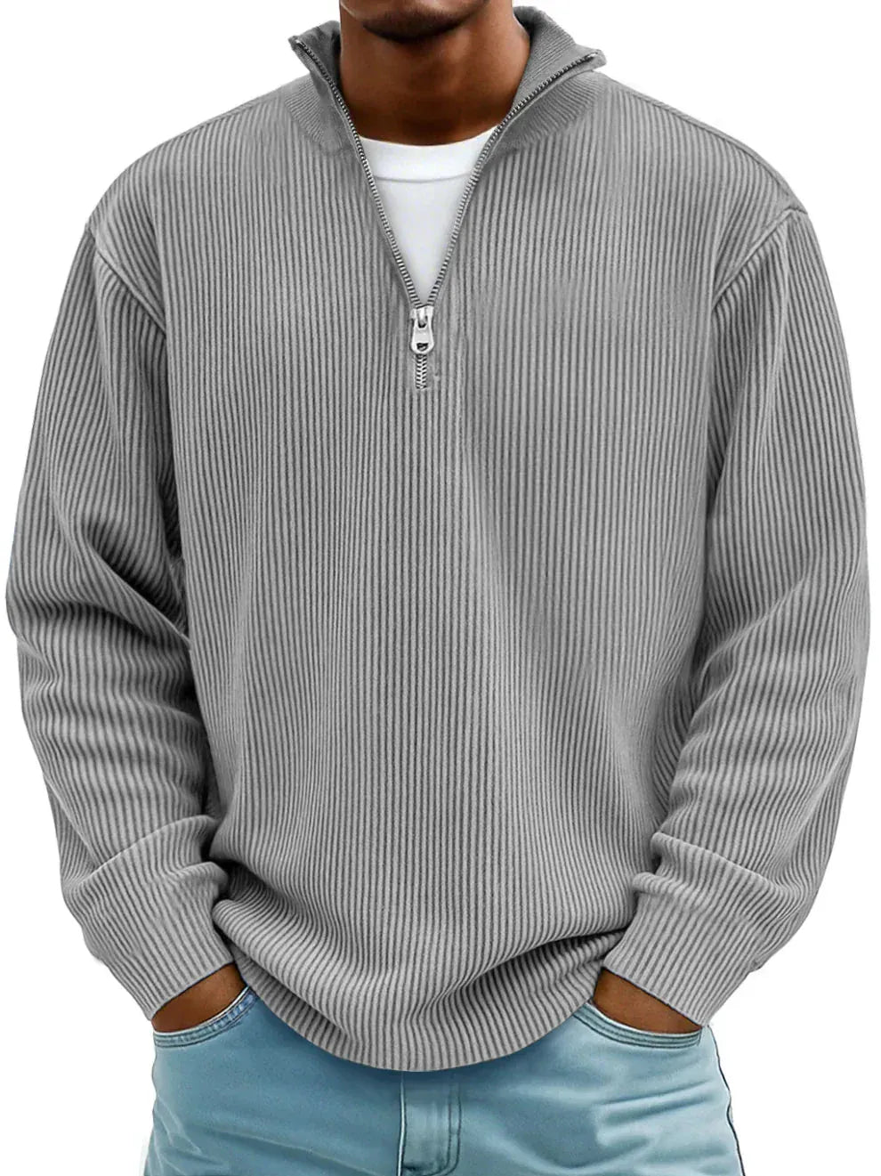 Gray half zip ribbed sweater with stand collar and relaxed fit, front view